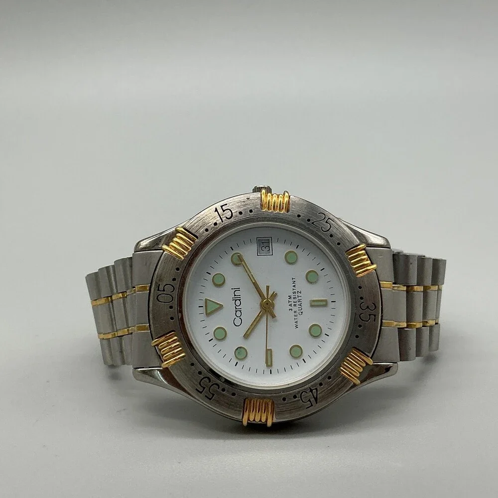 Cardini Mens Watch 40mm White Dial Silver Gold Tone Date New Battery 7.25
